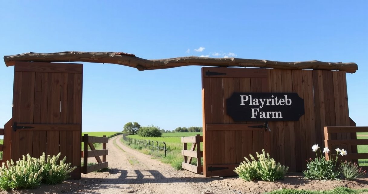 Inviting entrance to Playriteb Farm, a German farm gateway surrounded by green fields