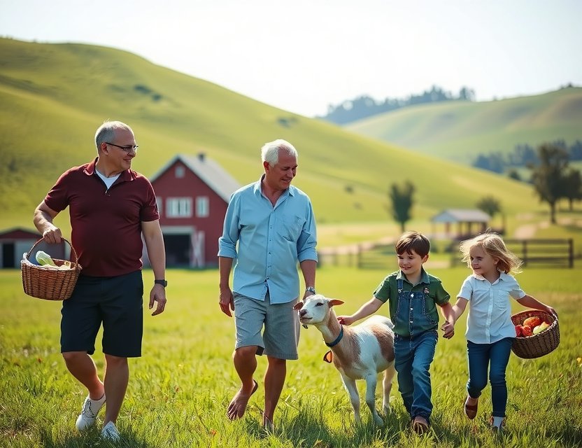 Happy family on a farm tour in rural Germany, petting animals and exploring fields