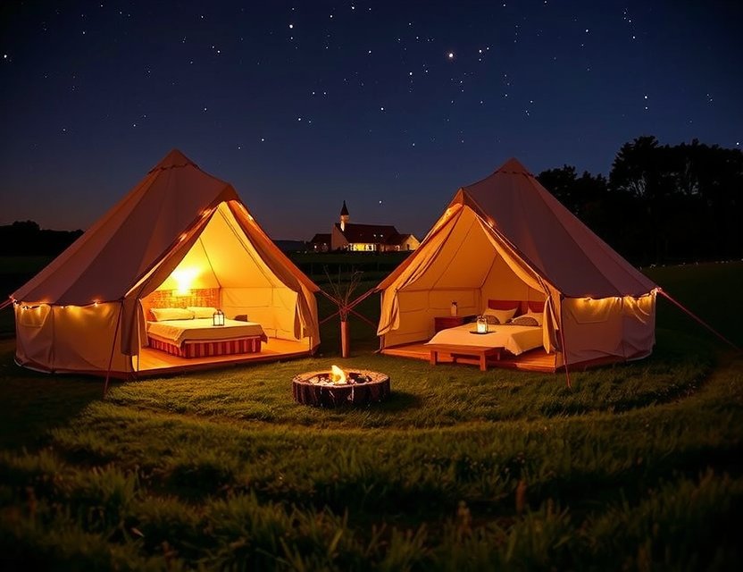 Glamping tents at Playriteb Farm under starry sky